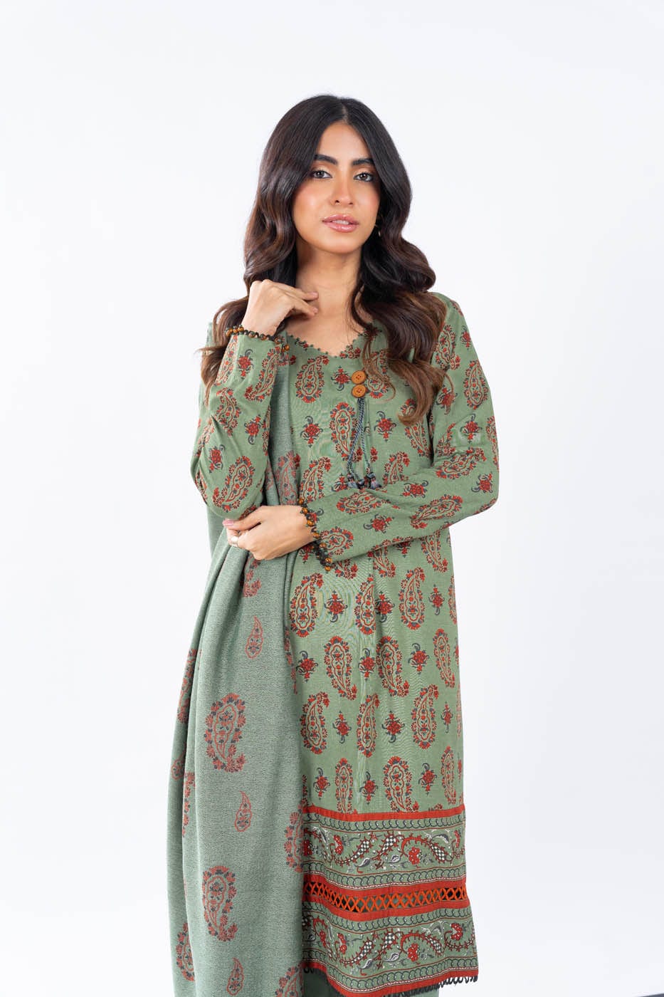 Embroidered Viscose Rayon Slub Pakistani Suit in Olive Green : KTN453