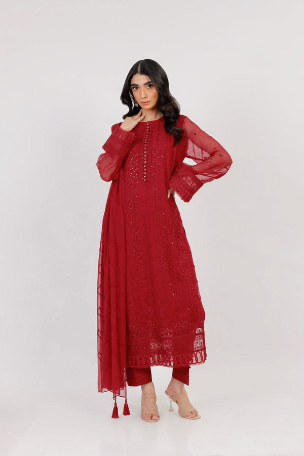 Four Piece Embroidered Chiffon Suit With Chiffon Dupatta