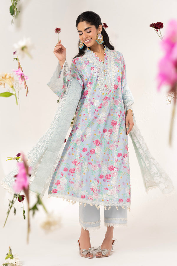 3 Piece Embroidered Lawn Suit With Chiffon Dupatta