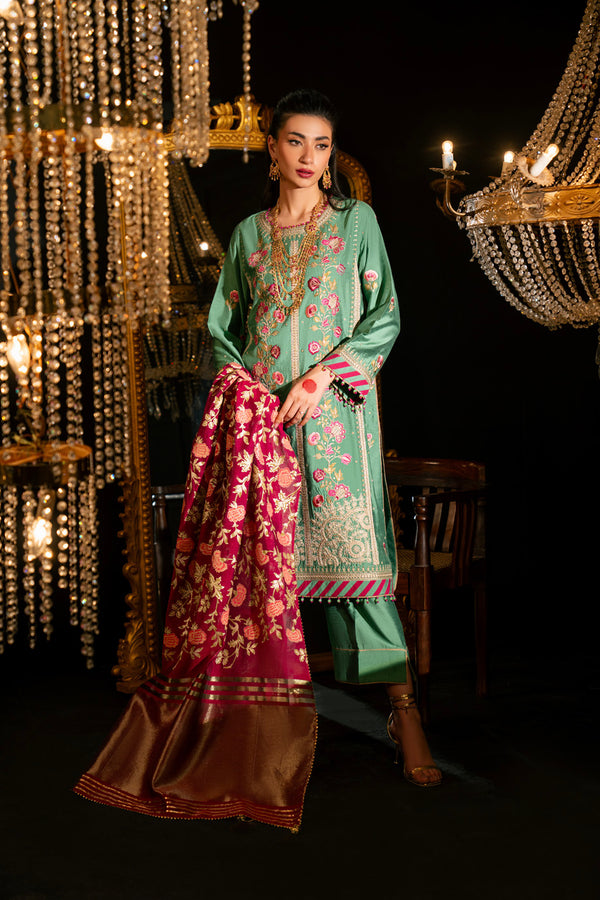 3 Pc Embroidered Silk Suit With Yarn Dyed Dupatta