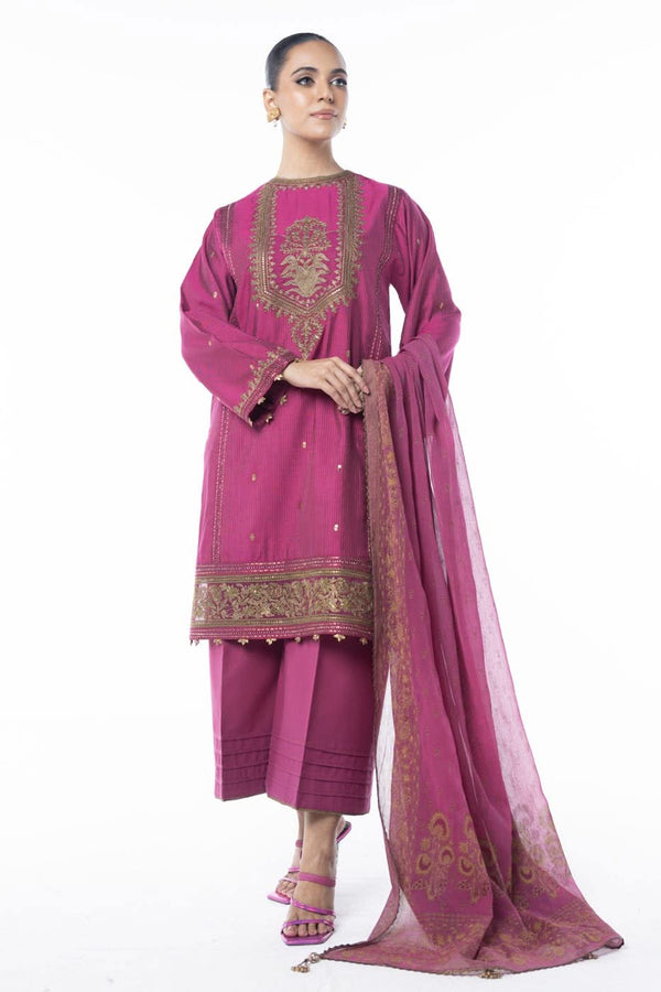 Three Piece Embroidered Zari Line Shirt with Poly Chiffon Dupatta