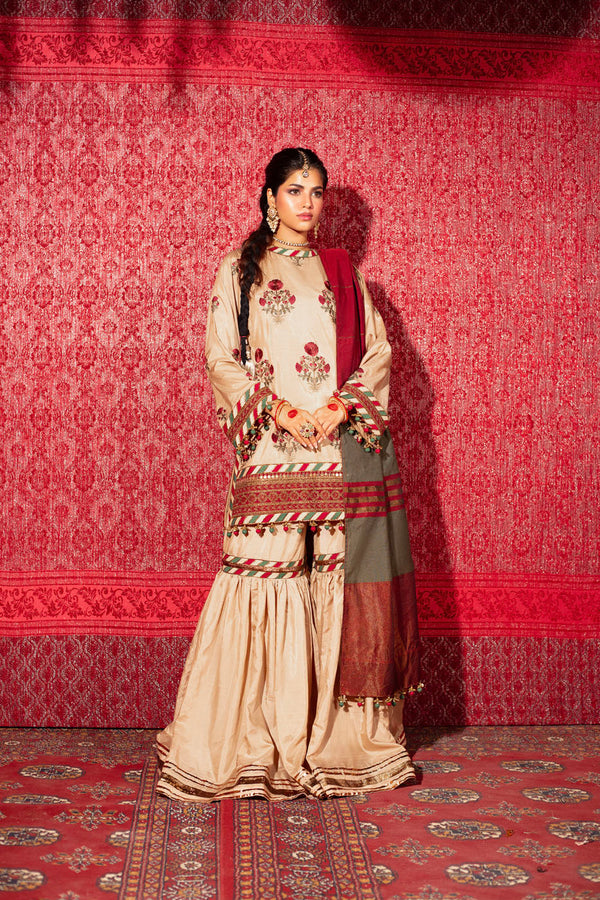 Three Piece Embroidered Raw Silk Slub Shirt with Yarn Dyed Dupatta