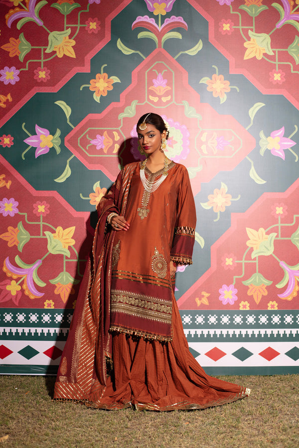 Three Piece Embroidered Yarn Dyed Silk Shirt with Dyed Jacquard Dupatta