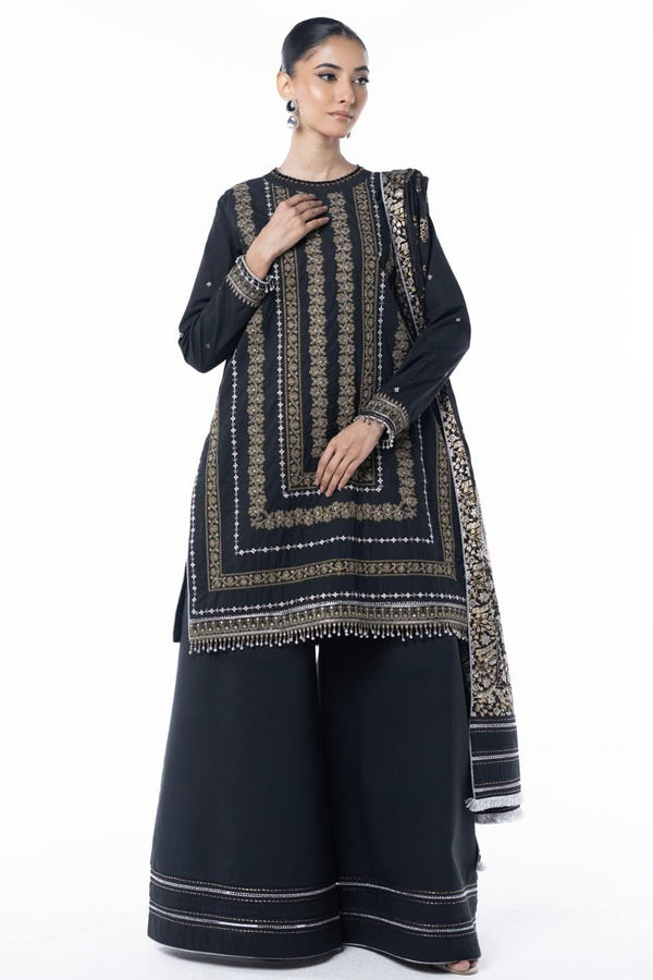 Three Piece Embroidered Thick Cambric Shirt with Block Print Dupatta