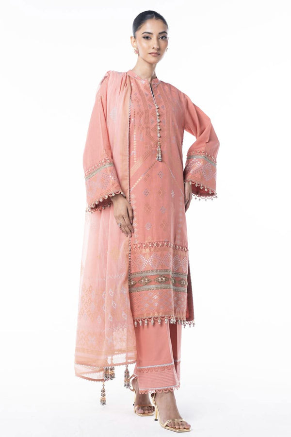 Three Piece Embroidered Jacquard Shirt with Printed Poly Chiffon Dupatta