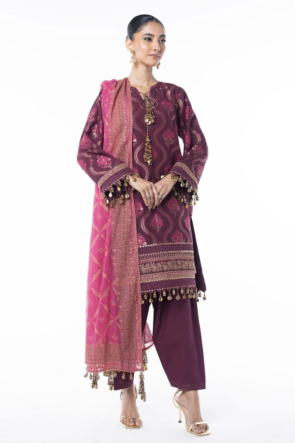 Three Piece Embroidered Jacquard Shirt with Printed Poly Chiffon Dupatta