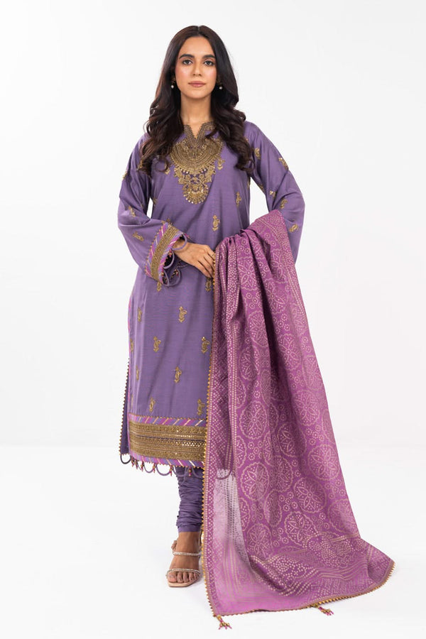 3 Pc Embroidered Silk Suit With Yarn Dyed Dupatta