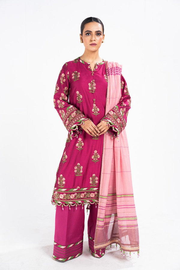 2 Pc Printed Embroidered Indian Silk Shirt With Yarn Dyed Dupatta