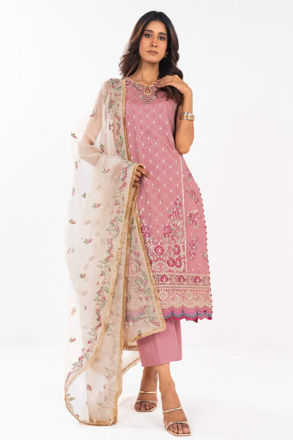 3 Pc Embroidered Cotton Silk Suit With Organza Dupatta