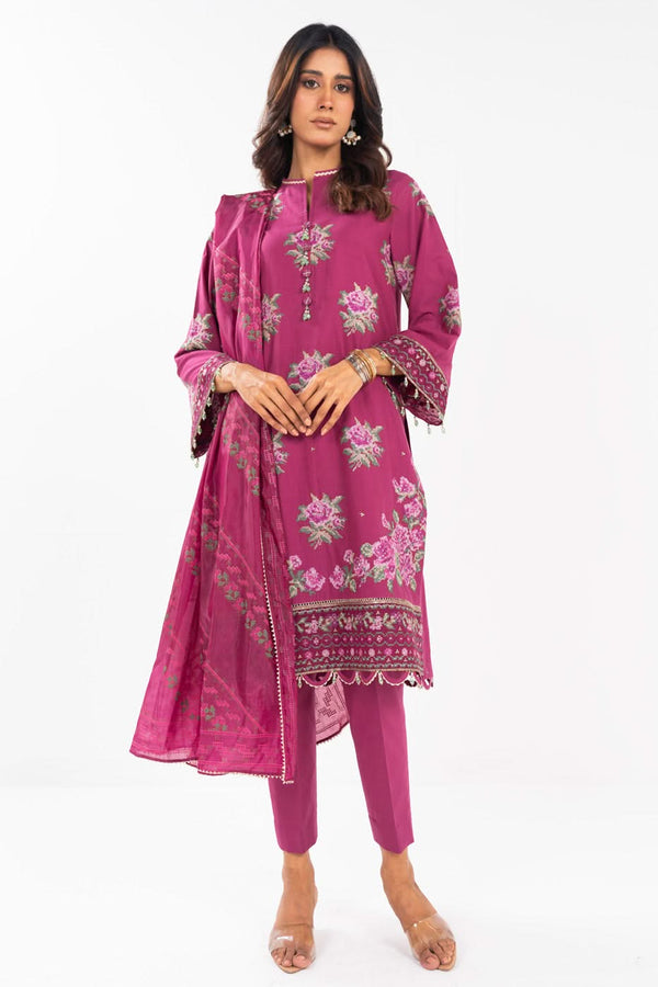 3 Pc Embroidered Lawn Suit With Tissue Silk Dupatta