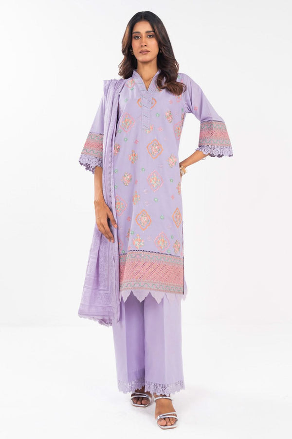 3 Pc Embroidered Lawn Suit With Burnout Dupatta