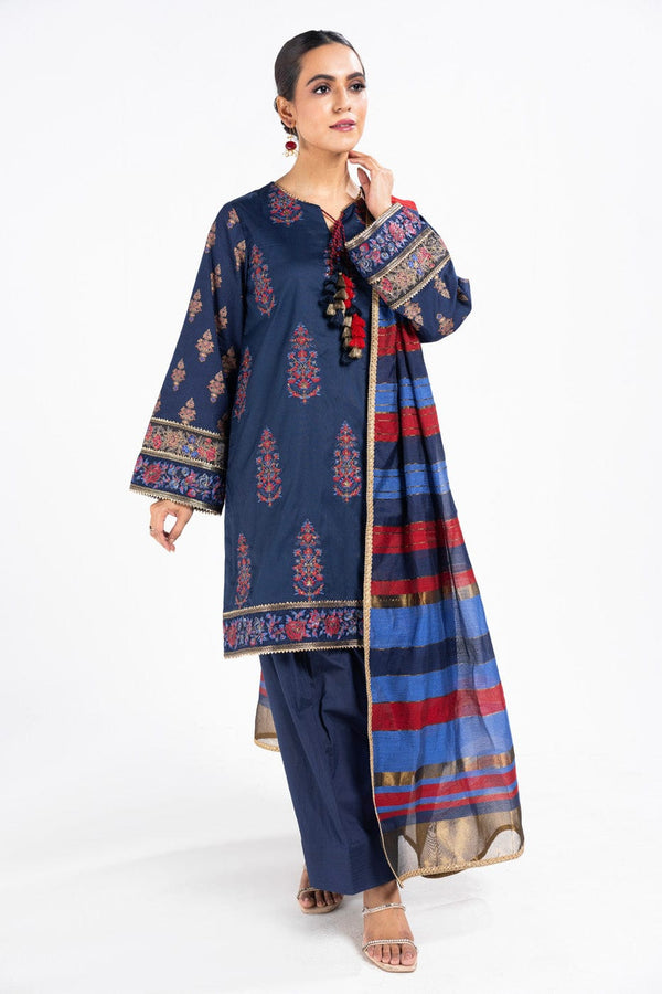 3 Pc Printed Embroidered Doria Shirt With Yarn Dyed Dupatta