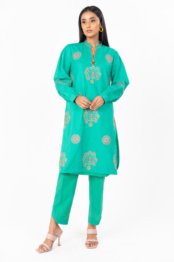 2 Pc Dyed Embroidered Dobby Suit With Dyed Cambric Trouser