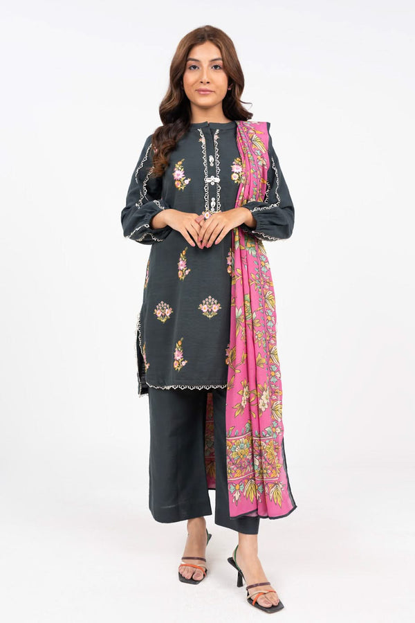 3 Piece Embroidered Dyed Khaddar Suit With Pashmina Shawl