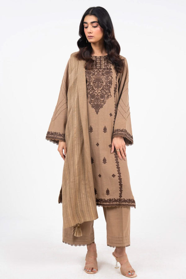 3 Piece Embroidered Khaddar Suit With Woven Shawl