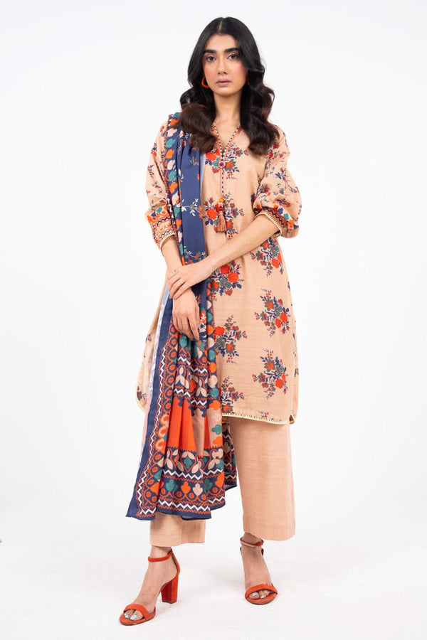 3 Piece Printed Khaddar Suit With Pashmina Dupatta