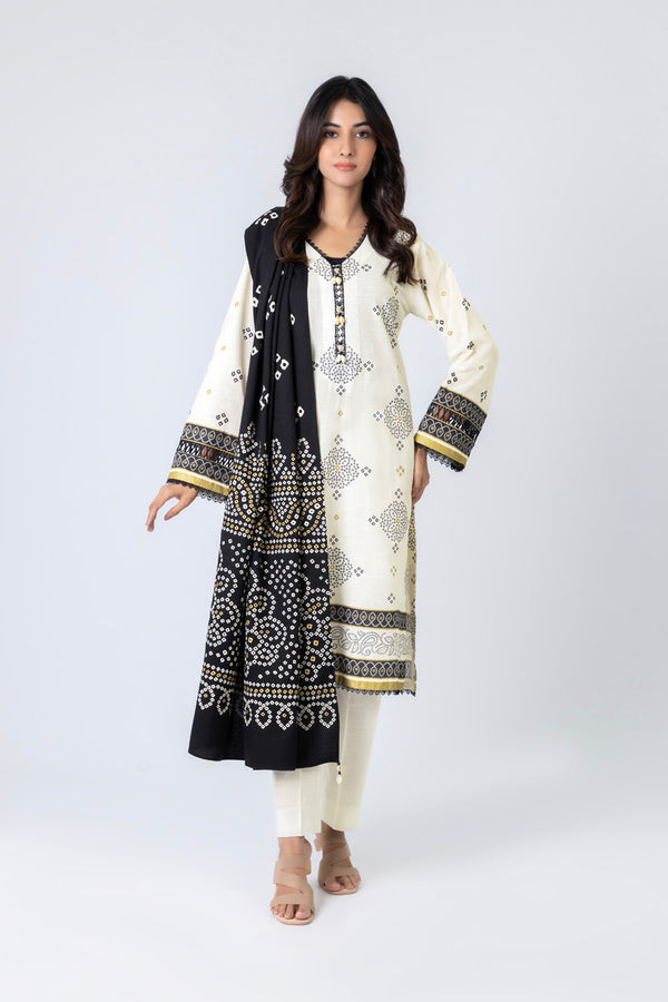 3 Piece Printed Khaddar Suit With Silky Line Dupatta