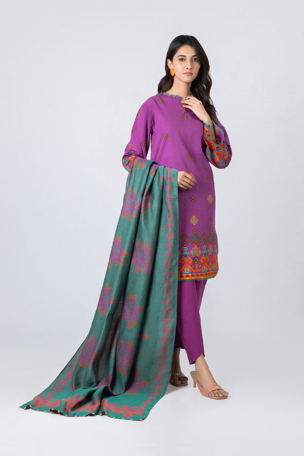 3 Piece Printed Khaddar Suit With Woven Jacquard Shawl