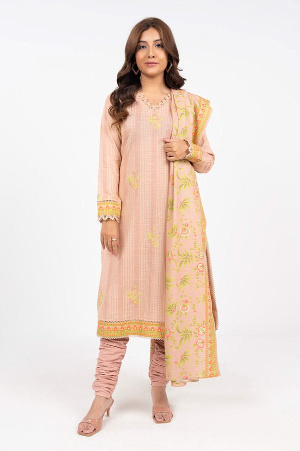 3 Piece Embroidered Printed Khaddar Suit With Khaddar Dupatta