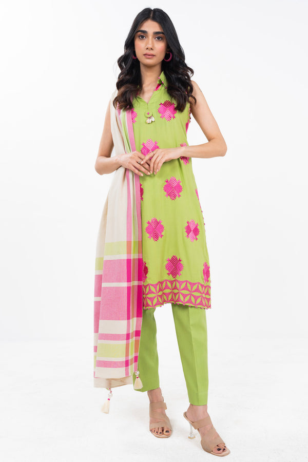 3 Piece Embroidered Viscose Slub Suit With Shawl