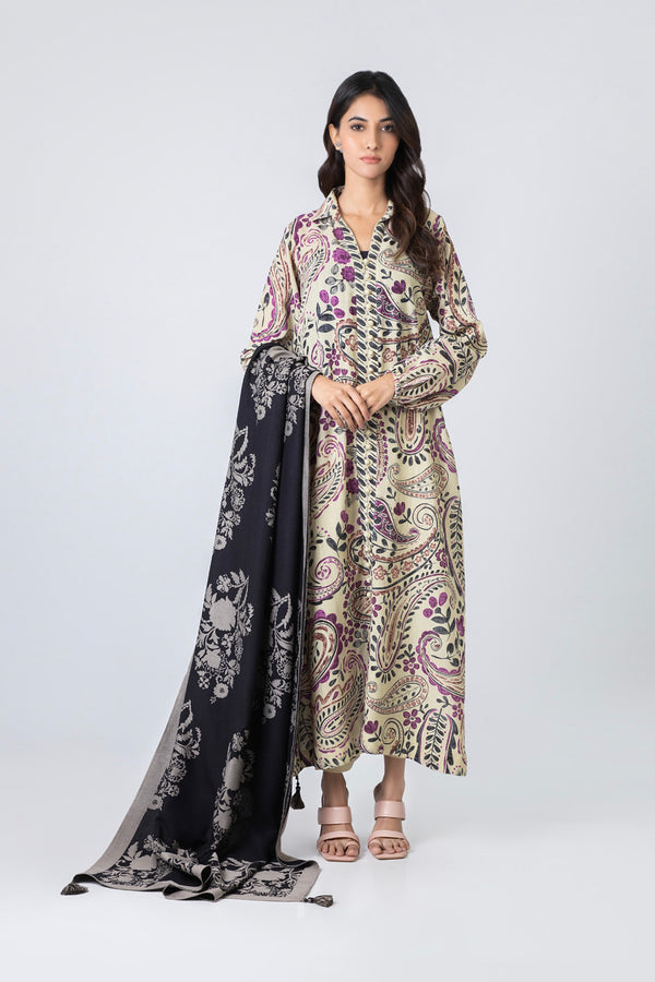 3 Piece Printed Khaddar Suit With Woven Jacquard Shawl