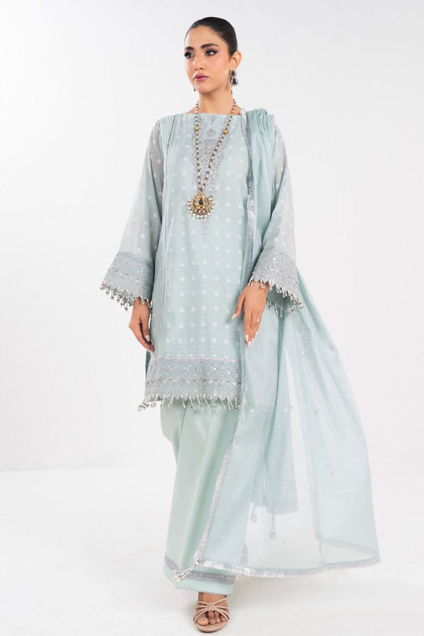 4 Piece Embroidered Yarn Dyed Staple Jacquard Suit With Zari Net Dupatta