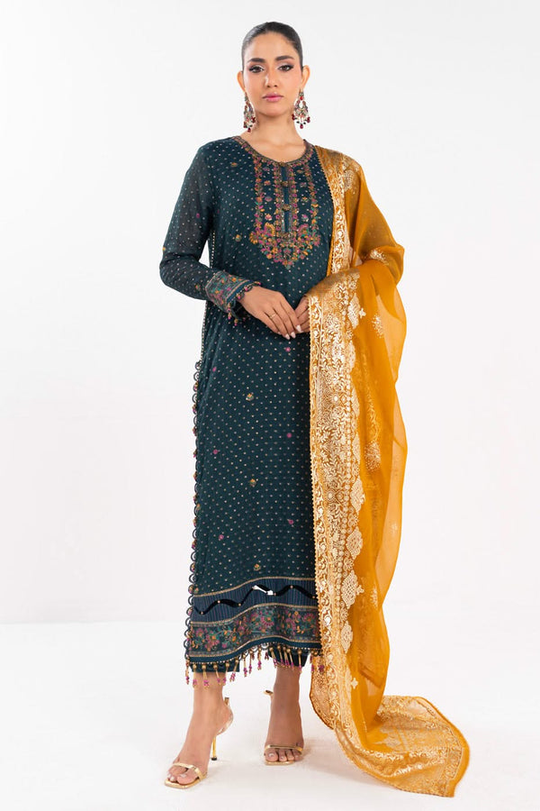 4 Piece Embroidered Jacquard Suit With Foil Printed Chiffon Dupatta