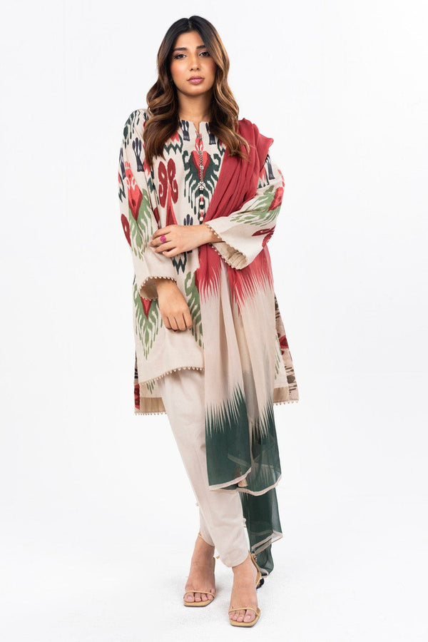 3 Pc Dyed Embroidered Light Cambric Shirt With Printed Chiffon Dupatta