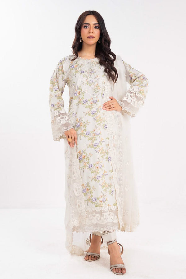 3 Piece Embroidered Lawn Suit With Chiffon Dupatta