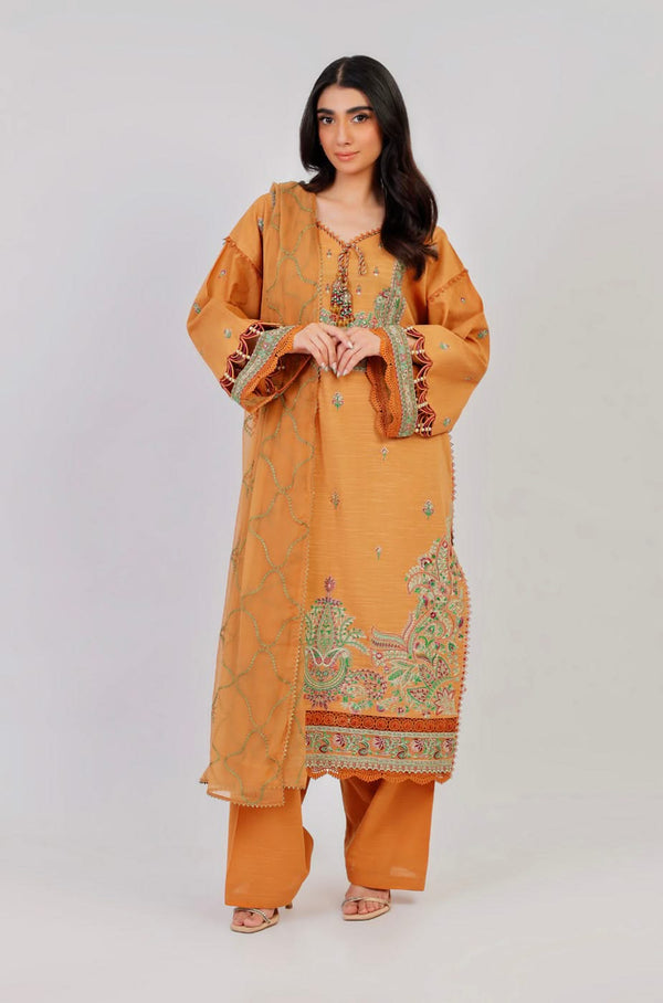 3 Pc Embroidered Khaddar Shirt With Chiffon Dupatta