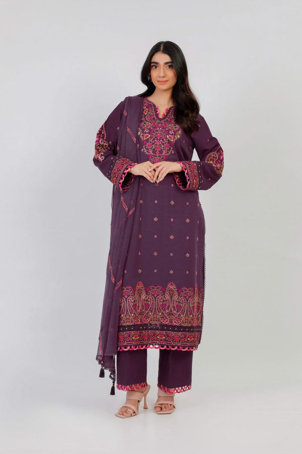 3 Pc Embroidered Khaddar Suit With Chiffon Dupatta