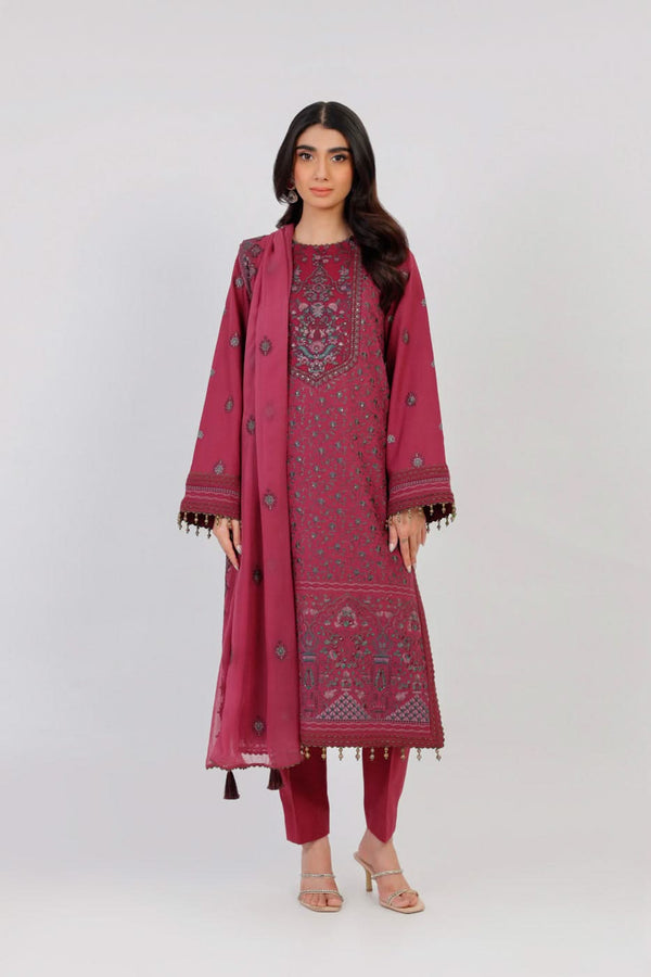 3 Pc Embroidered Khaddar Suit With Chiffon Dupatta