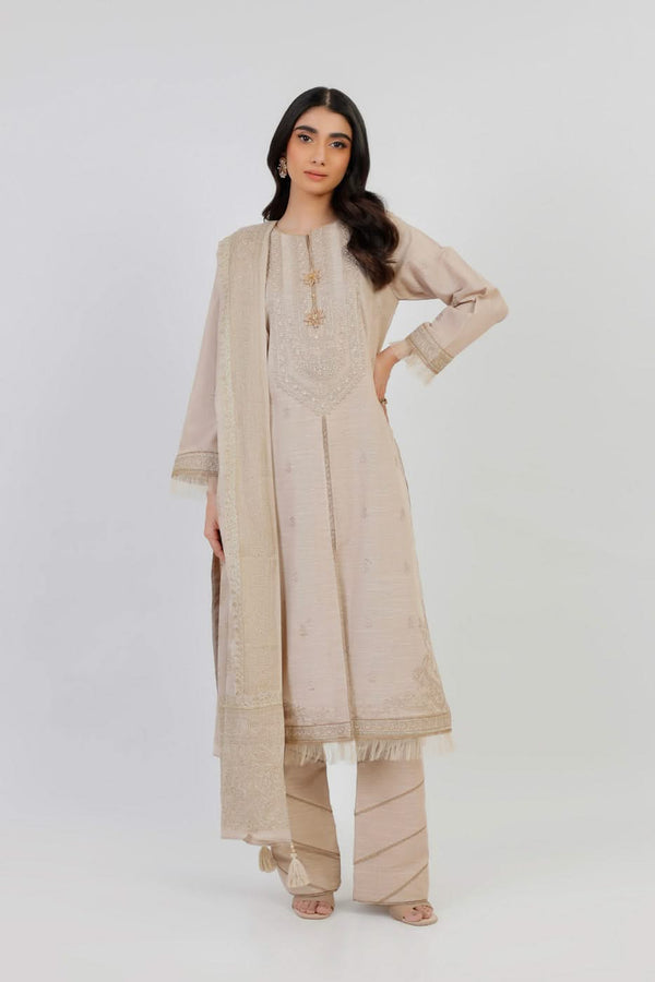 3 Pc Embroidered Khaddar Suit With Shawl