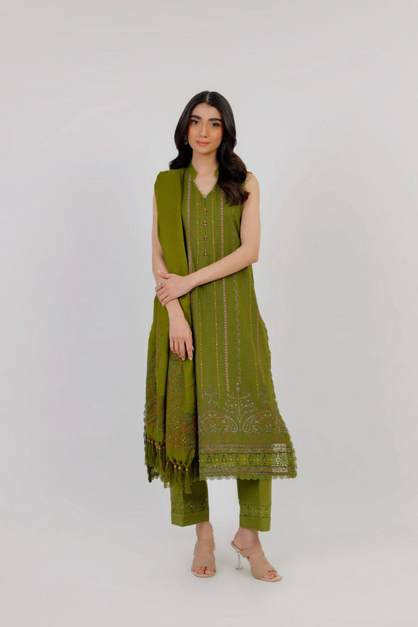 3 Pc Embroidered Khaddar Suit With Shawl