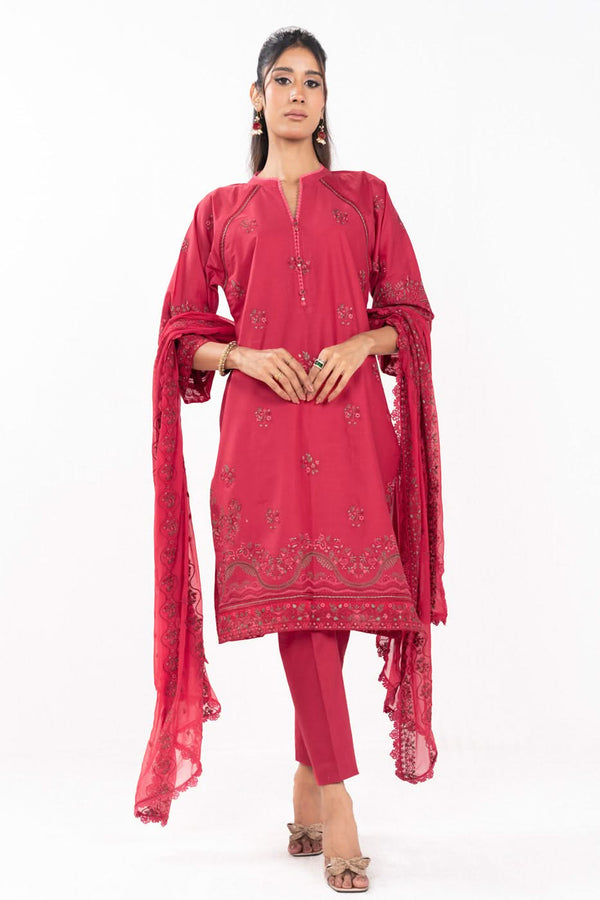 3 Piece Embroidered Lawn Suit With Embroidered Bamberg Chiffon Dupatta