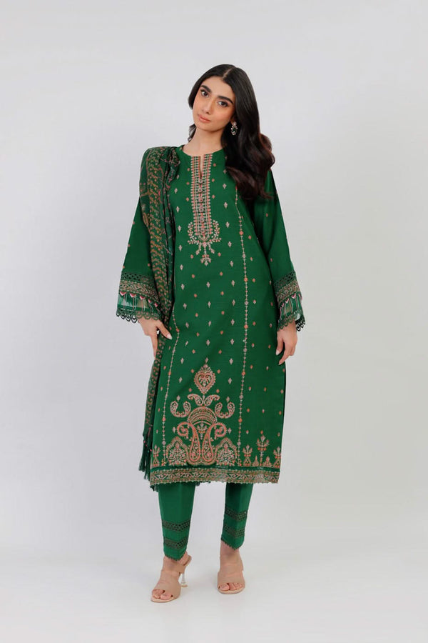 3 Pc Embroidered Khaddar Suit With Shawl