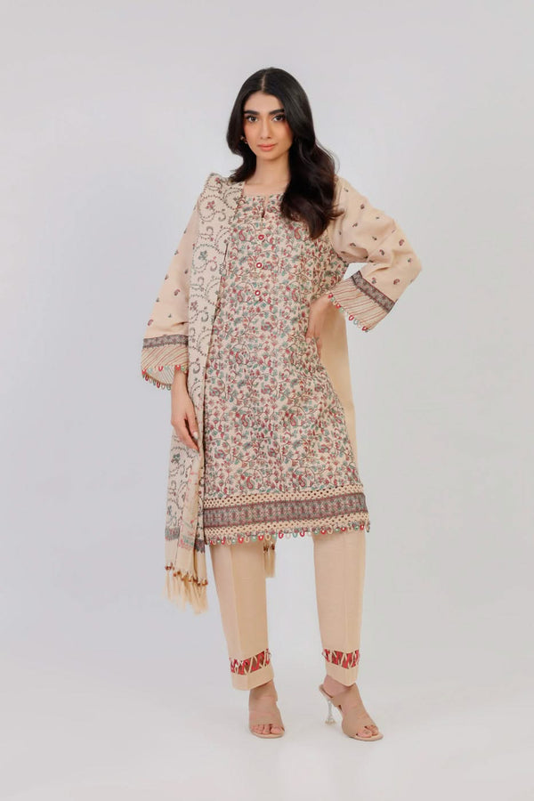 3 Pc Embroidered Khaddar Suit With Shawl