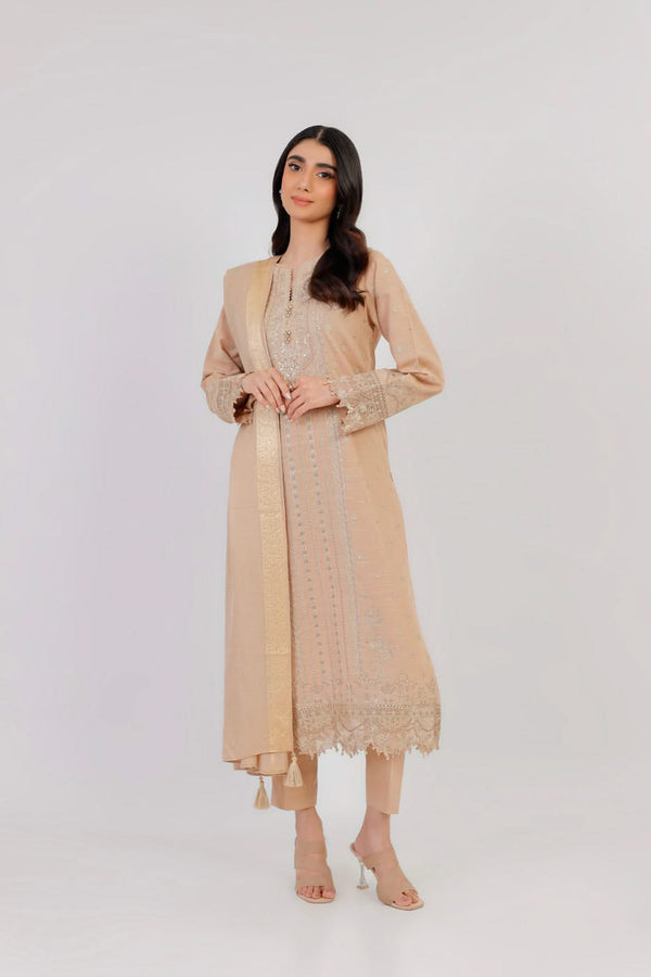 3 Pc Embroidered Khaddar Suit With Shawl