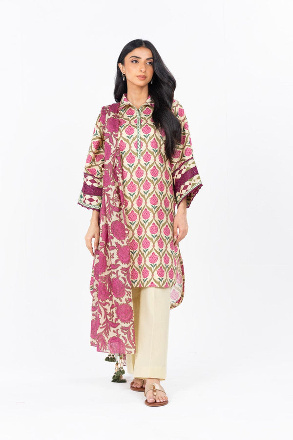 3 Pc Printed Cambric Suit With Printed Lawn Dupatta