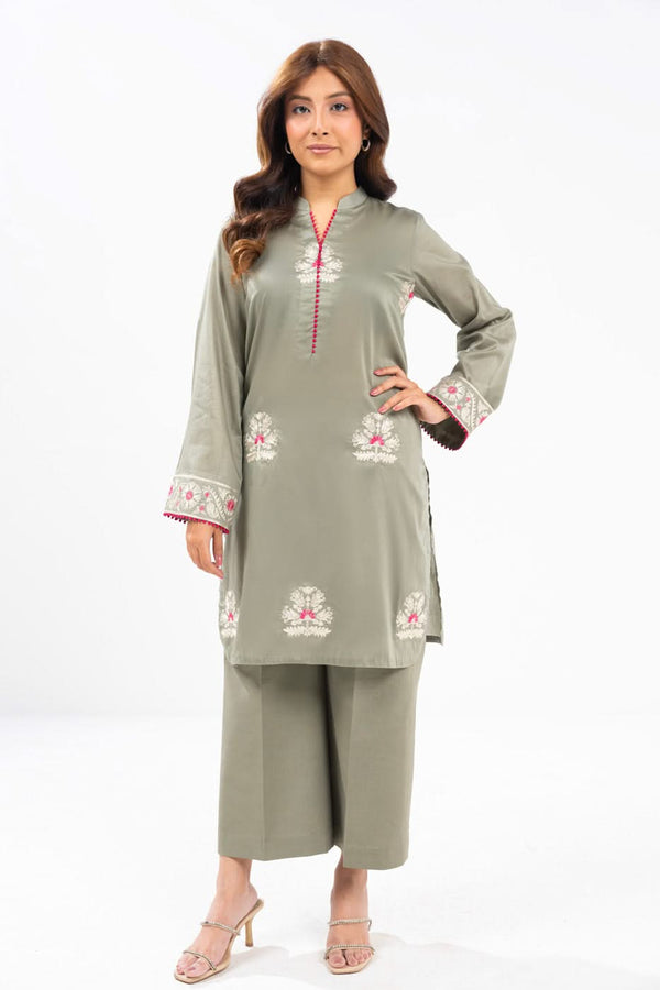 2 Piece embroidered  Cambric Suit with Dyed Trouser