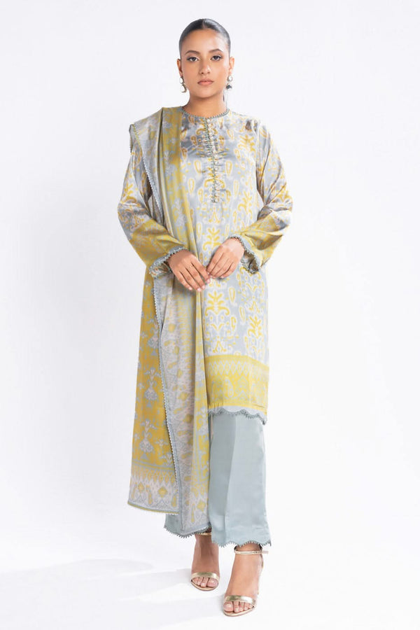 3 Piece Printed Chamois Silk Suit With Printed Tissue Silk Dupatta