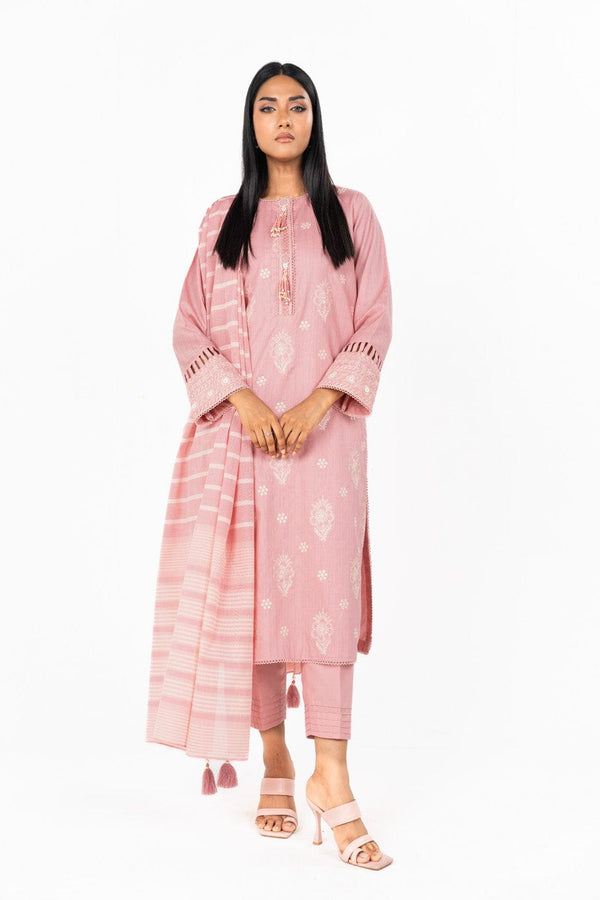 3 Pc Dyed Embroidered Dobby Suit With  Yarn Dyed Dupatta