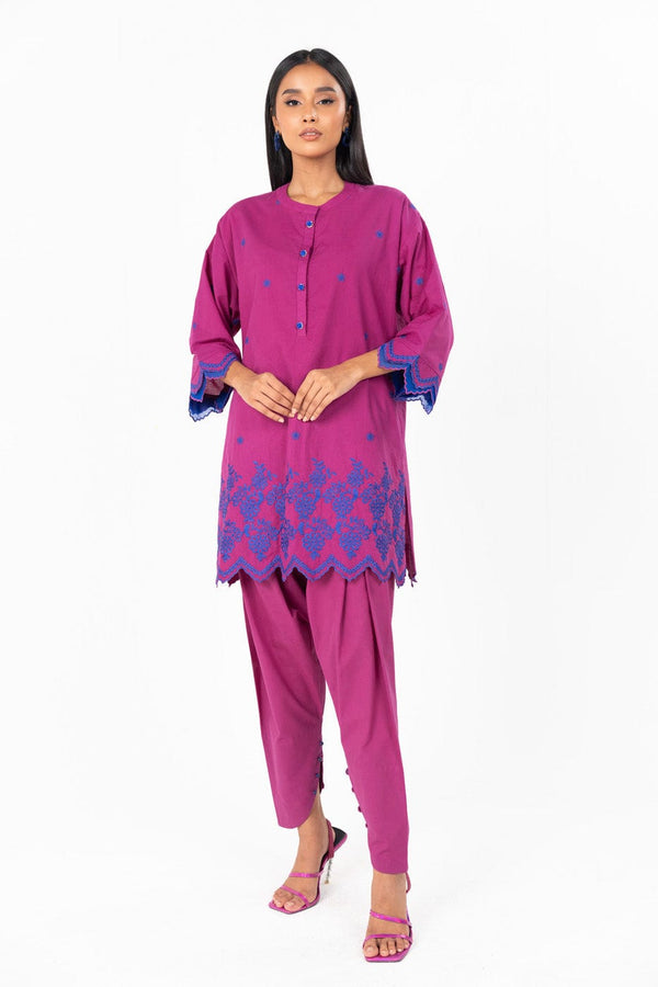 2 Pc Dyed Embroidered Cambric Suit With Dyed Cambric Trouser