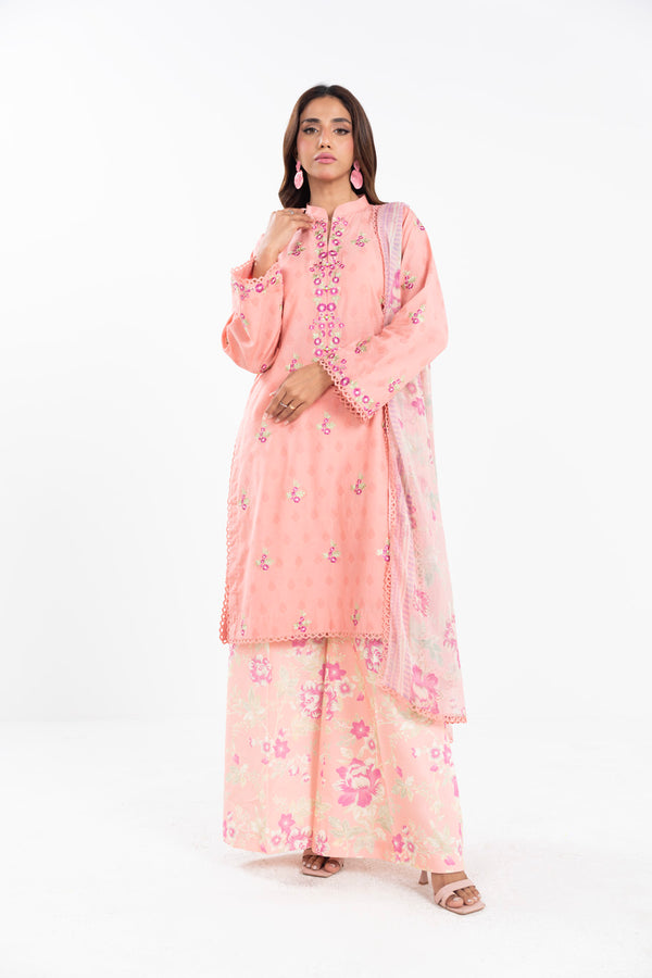 3 Piece  Embroidered Dyed Self Jacquard Suit With Printed Chiffon Dupatta