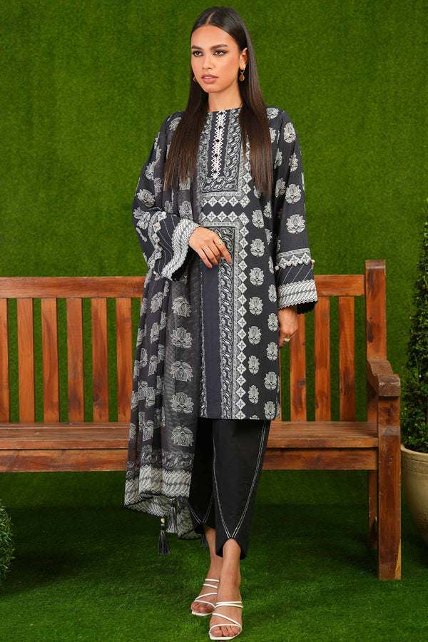 2 Pc Printed One Way Slub Suit With Chiffon Dupatta