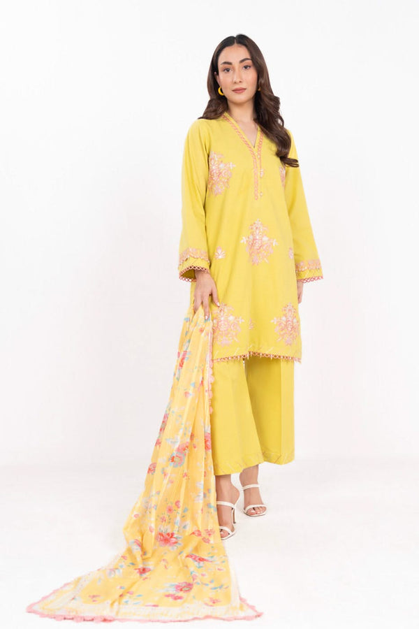 3 Piece  Embroidered Dyed Dobby Suit With Printed Zari Chiffon Dupatta