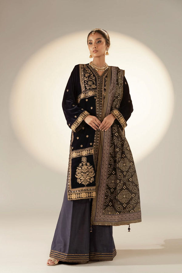 3 Piece Embroidered Dyed Velvet Shirt with Printed Thin Cotton Silk Dupatta