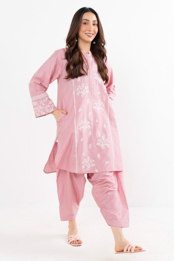 Stitched - 2 Pc Printed Embroidered Cotton Silk Outfit