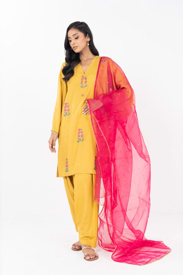 Stitched - 3 Pc Embroidered Raw Silk Outfit