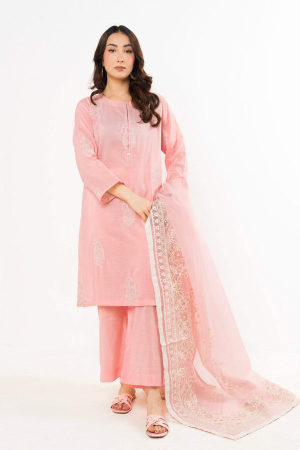 Stitched - 3 Pc Embroidered Cotton Silk Outfit